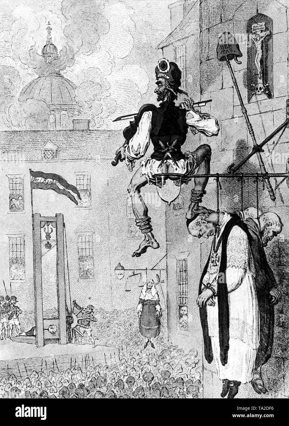 Illustration of the English caricaturist James Gillray on the French Revolution in 1793. In the foreground there is a Republican (sans-culotte), who plays the violin at the execution of the priests. In the background, a hanged judge between a sword and scales. At left, the scene of an execution by guillotine. Stock Photo