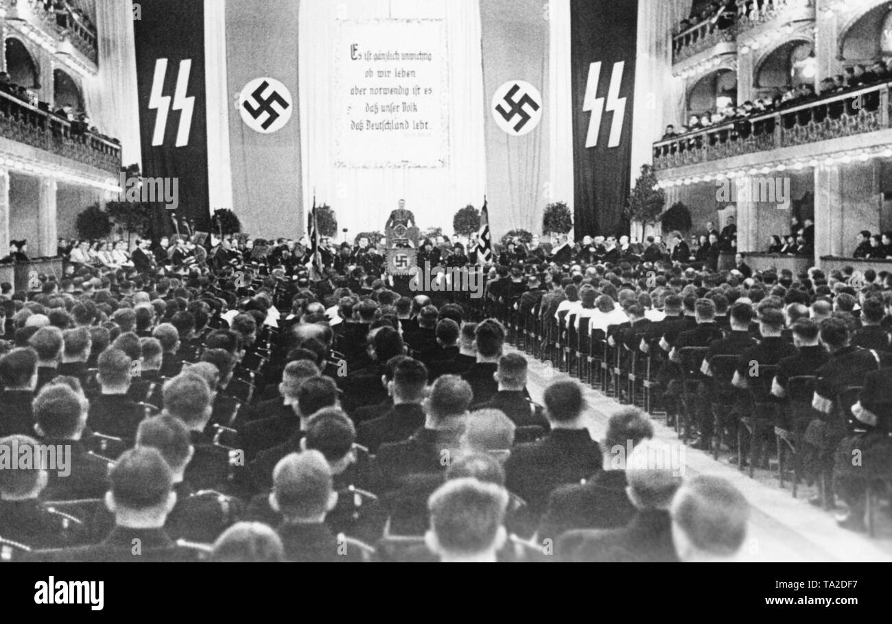 Rally of the Schutzstaffel (SS) in the Lucerna Music Hall in Prague. The first Slovak Republic was founded on Hitler's command in March 1939, and Bohemia and Moravia were occupied by the Wehrmacht. Stock Photo