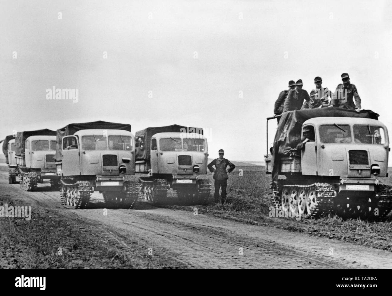 Five 'Raupenschlepper Ost' during the Second World War on the Eastern front. The Raupenschlepper Ost (Caterpillar Tractor East) was specially designed for the difficult ground conditions in the Soviet Union. Stock Photo
