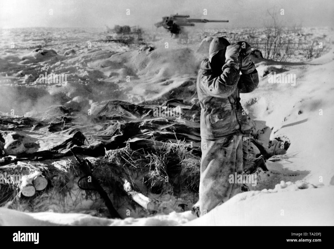 In an unidentified location on the Eastern Front, a German soldier observes the enemy movements. In the background, a 8.8-cm-FlaK, which is used to bombard ground targets (processed or traced). Photo of the Propaganda Company (PK): war correspondent Schubert. Stock Photo