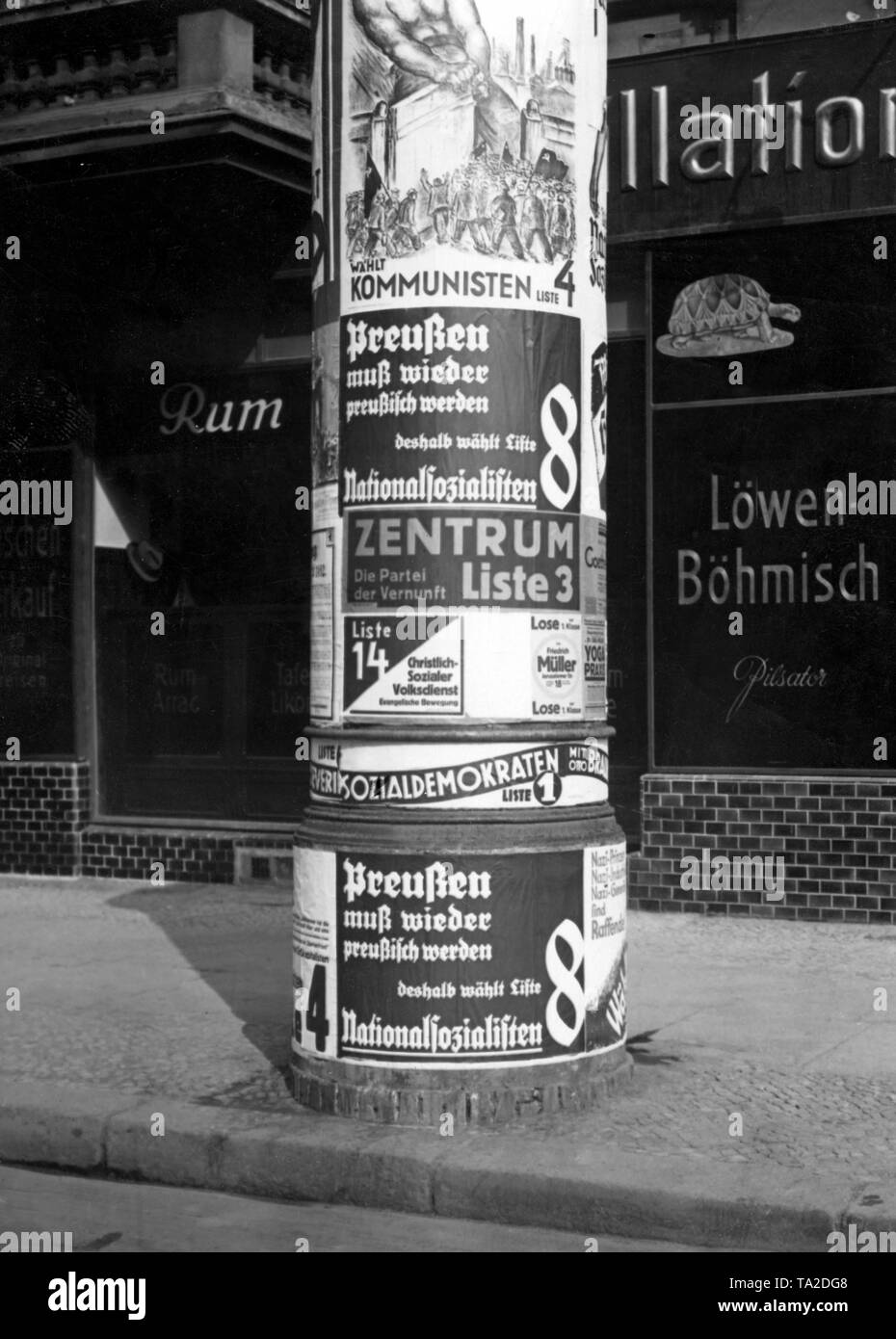 The parties NSDAP, SPD, Centre, KPD and Christian Social People's Service campaign with election posters on an advertising column on the occasion of the Prussian Landtag elections. The NSDAP campaigns with the slogan "Prussia must be Prussian again, so vote for List 8, the National Socialists." The SPD, with their top candidate, Otto Braun, and the Centre Party name themselves as a "party of rationality". Stock Photo
