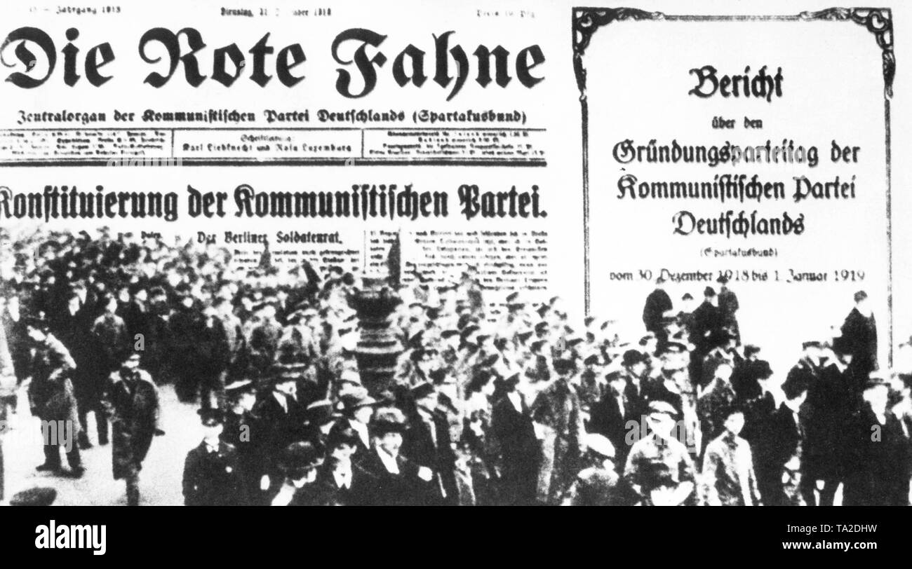The central organ of the Communist Party, 'Die Rote Fahne' reports about the founding congress of the Communist Party of Germany (Spartacus League) from December 30, 1918 until January 1, 1919. Stock Photo