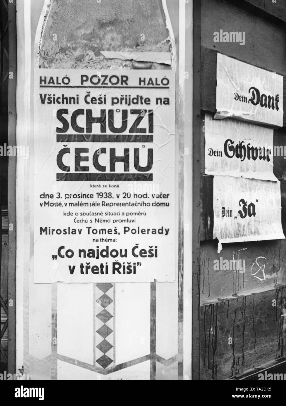 Some election posters for the plebiscite regarding  the annexation of the Sudetenland to the German Reich were printed in Czech language. Apart from Sudeten Germans, there live many Czechs in the city of Bruex (today Most). Stock Photo