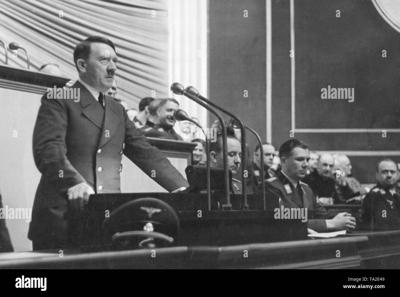 Hitler delivers a speech on the Balkan campaign before the Reichstag in the Kroll Opera House. Stock Photo