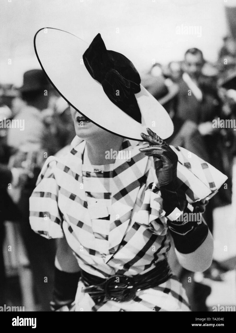 Woman with two-coloured hat at the 'Royal Hunt Cup' horse race in Ascot. Stock Photo