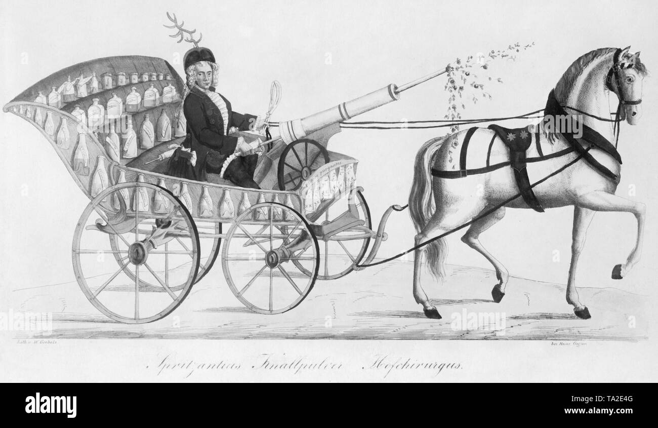 The cartoon entitled 'Spritzantius Knallpulver Hofchirurg' shows a doctor on a carriage with various remedies. On the front of the car is written: 'plinae purgantes' (moral laxative). Undated image from around 1775. Stock Photo