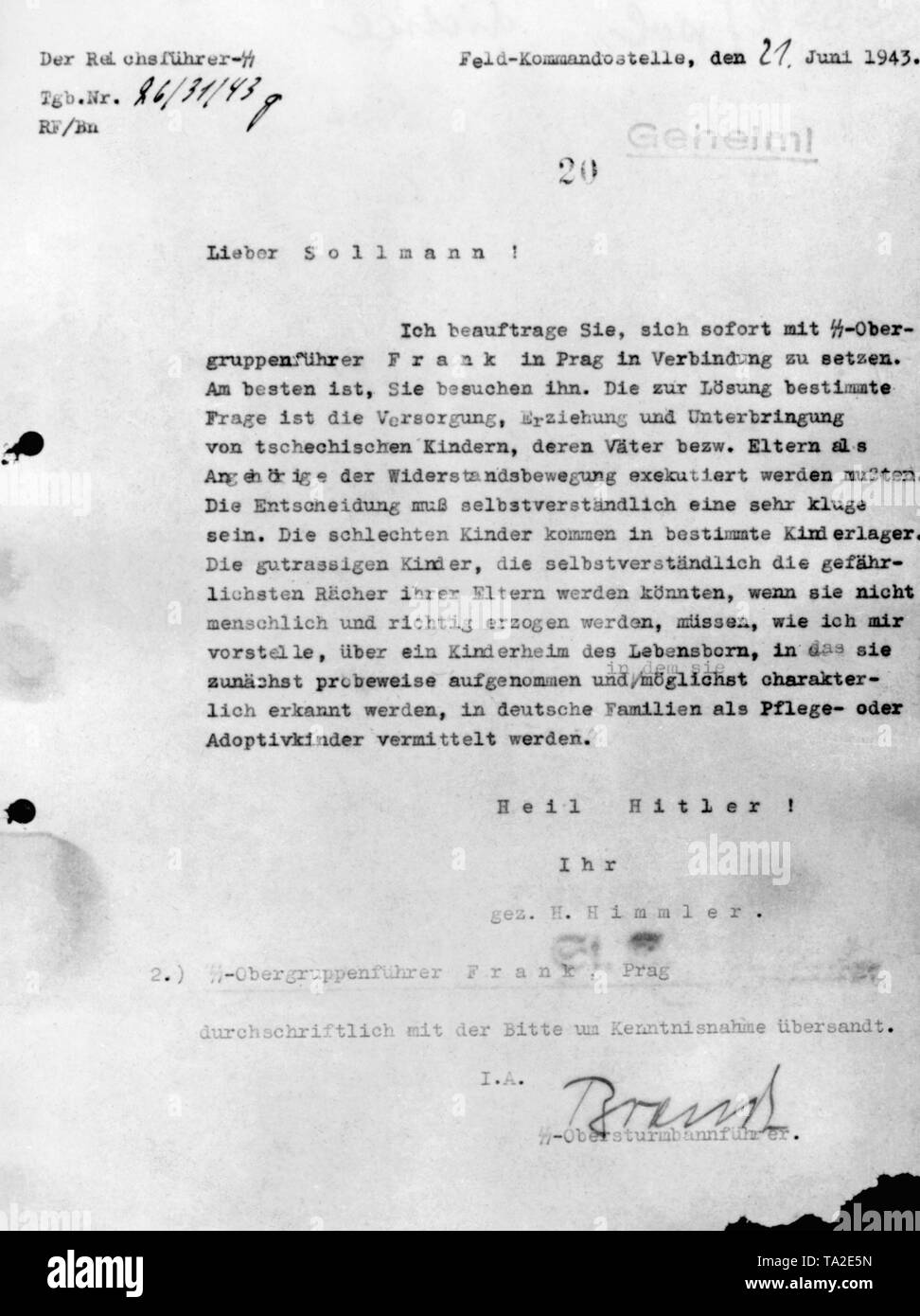 Decision of Reichsfuehrer SS Heinrich Himmler on the children of Lidice. The children should either be sent to concentration camps or to Lebensborn homes. In the course of the successful Operation Anthropoid, it came to retaliation against the Czech population. The Czech village Lidice was completely destroyed by the Wehrmacht on June 10, 1942. The men were shot dead, and the women and children were brought to concentration camps. Stock Photo
