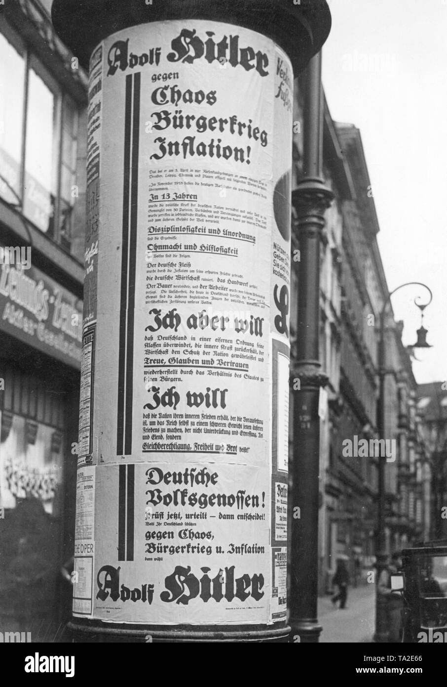 The Nazis advertise Adolf Hitler with election posters for the parliamentary elections in 1932. On the posters is suggested that Hitler is a fighter against chaos, civil war and inflation. Stock Photo