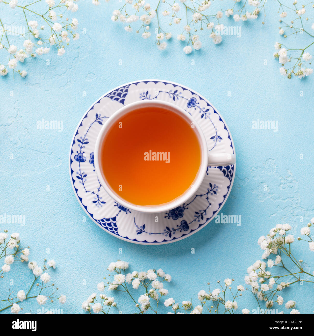 Cup of tea with fresh flowers on blue background. Top view. Copy space. Stock Photo