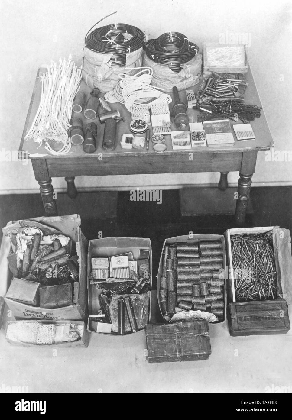 Explosive material was found at the KPD functionary Klaus Ueberbrueck in Berlin-Tempelhof. Here is a small selection of the seized materials (Undated photo). Stock Photo
