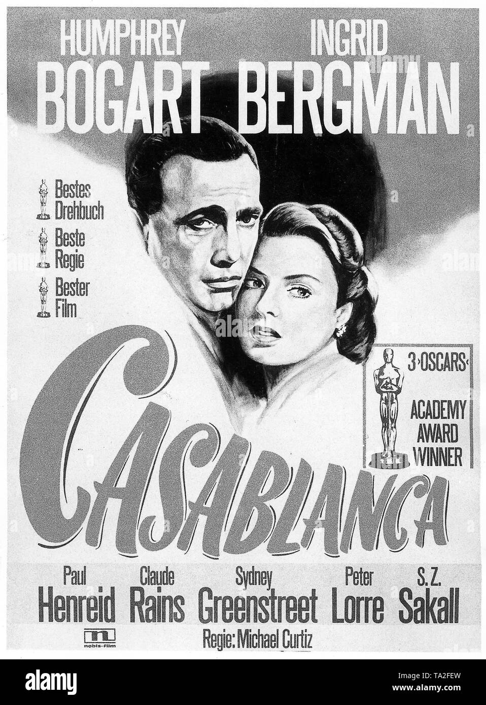 In the film of Michael Curtiz (USA 1943) the leading roles were played by Humphrey Bogart as Rick Blaine and Ingrid Bergman as Ilsa Lund. Stock Photo