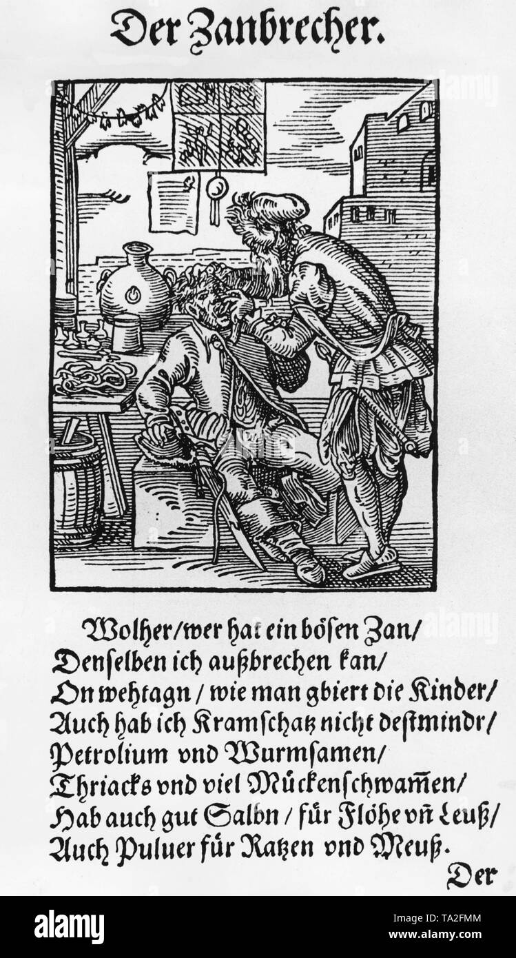 Woodcut by Jost Amman and printed by Hans Sachs in Frankfurt. A dentist pulls a tooth from a patient. Stock Photo