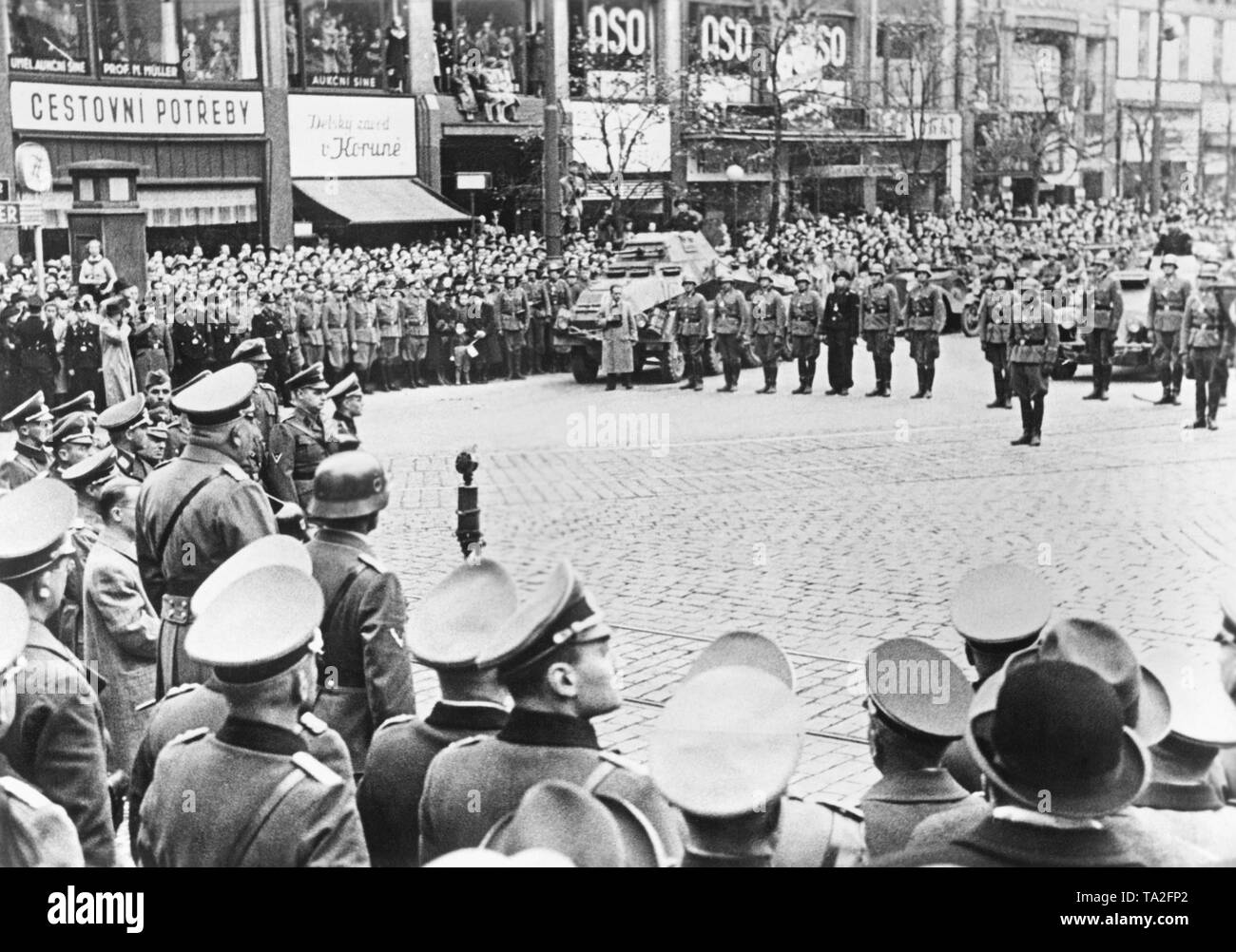 Greeting of the SS Leibstandarte (Guard of Corps) by Reichprotector of Bohemia and Moravia Konstantin von Neurath at Wenceslas Square in Prague. The troops return to Prague from a deployment on the Eastern Front. Hitler starts the Second World War by attacking Poland in September. Stock Photo