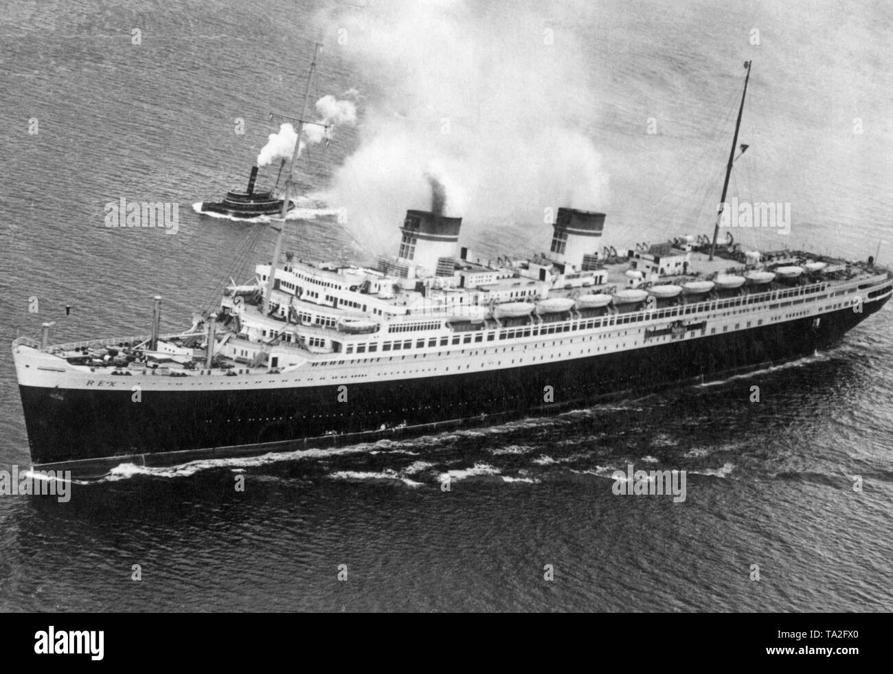 The Italian ocean liner "Rex" at sea. The "Rex" was intended to underline  the claim of the Fascist regime in Italy, for a firm place on the then  popular and profitable Atlantic