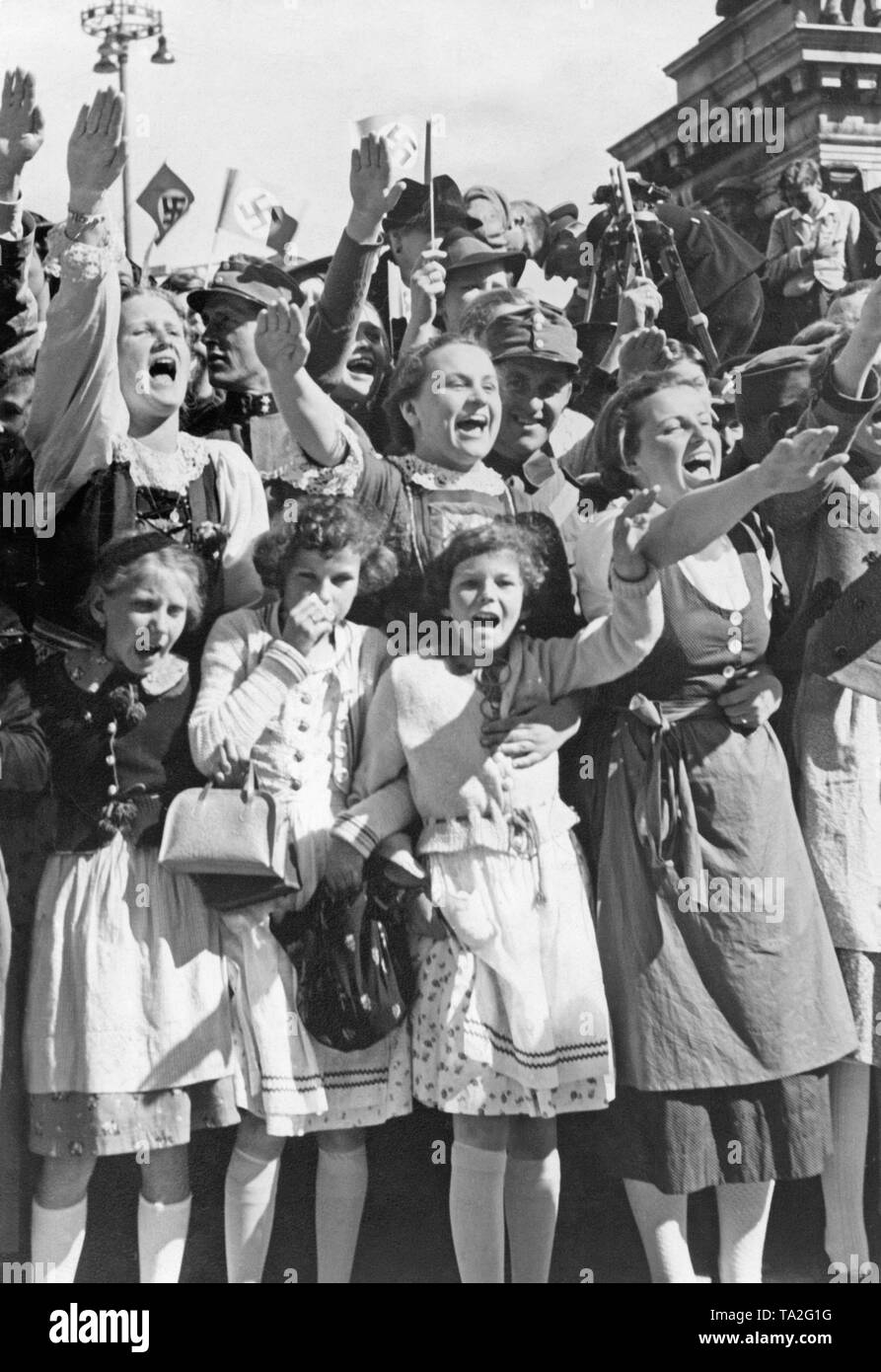 Nazi leader Adolf Hitler visits Klagenfurth, the provincial capital of Carinthia. Girls and young women cheer him. Stock Photo