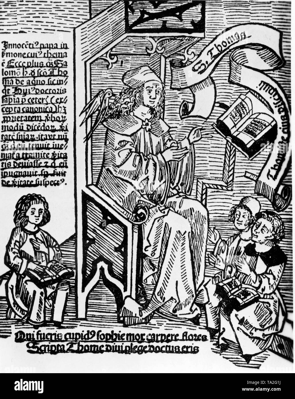 Italian philosopher Thomas Aquinas (12251274). Woodcut, title of a Cologne donat, circa 1500 Stock Photo