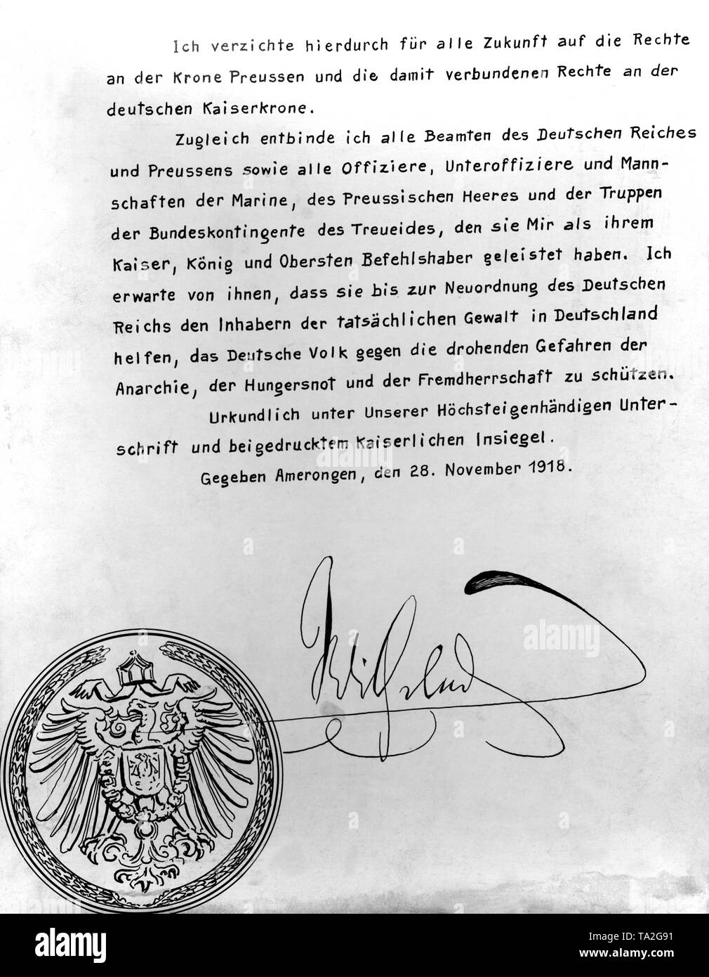 Abdication certificate of the former Crown Prince Wilhelm of Prussia. Stock Photo