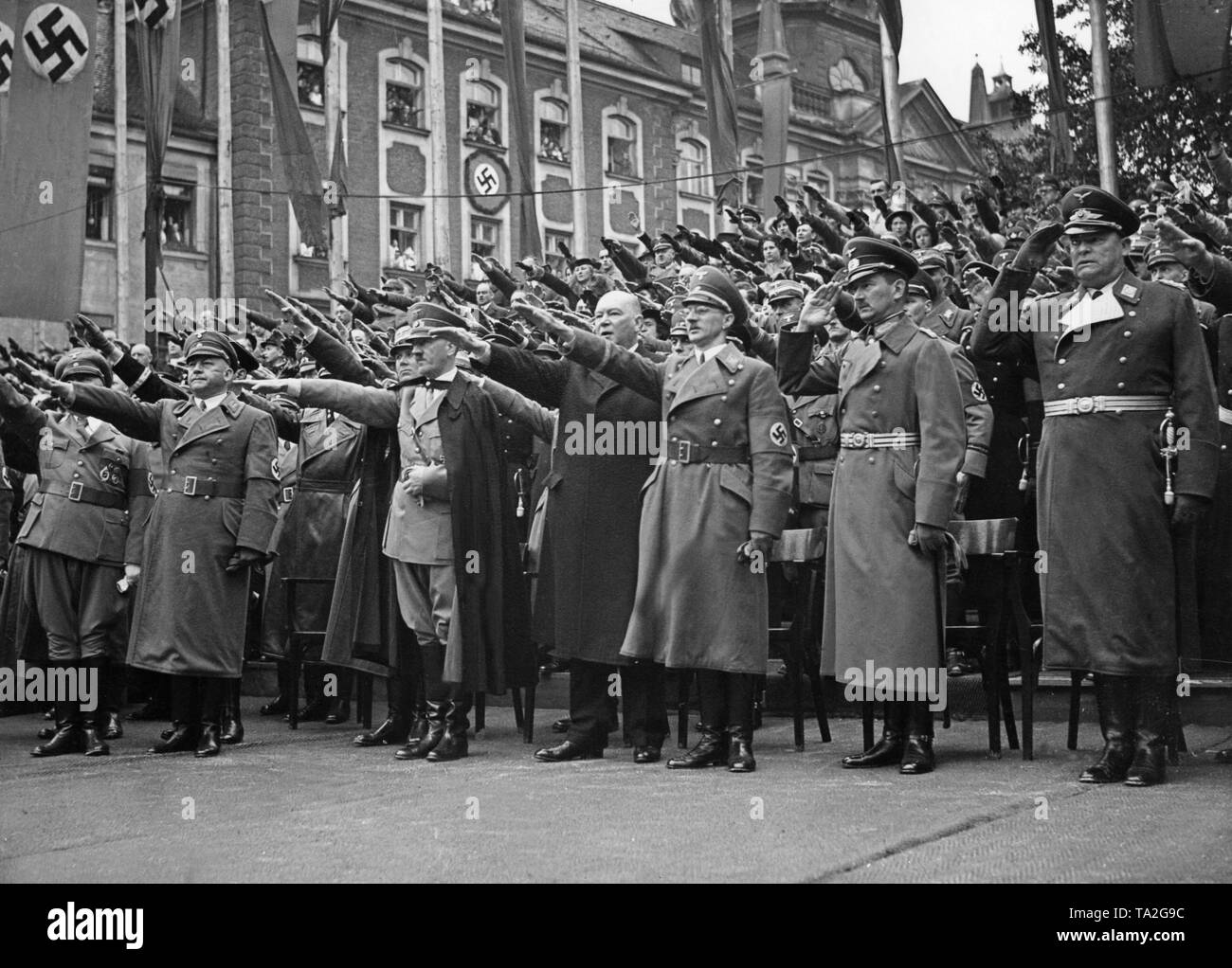 The construction of the Munich U-bahn began in 1938 with a grand ceremony. From left to right: Robert Ley, Adolf Wagner, Adolf Hitler, Dr. Dorpmueller, Ludwig Siebert, Ritter v. Schobert and Hugo Sperrle. Stock Photo