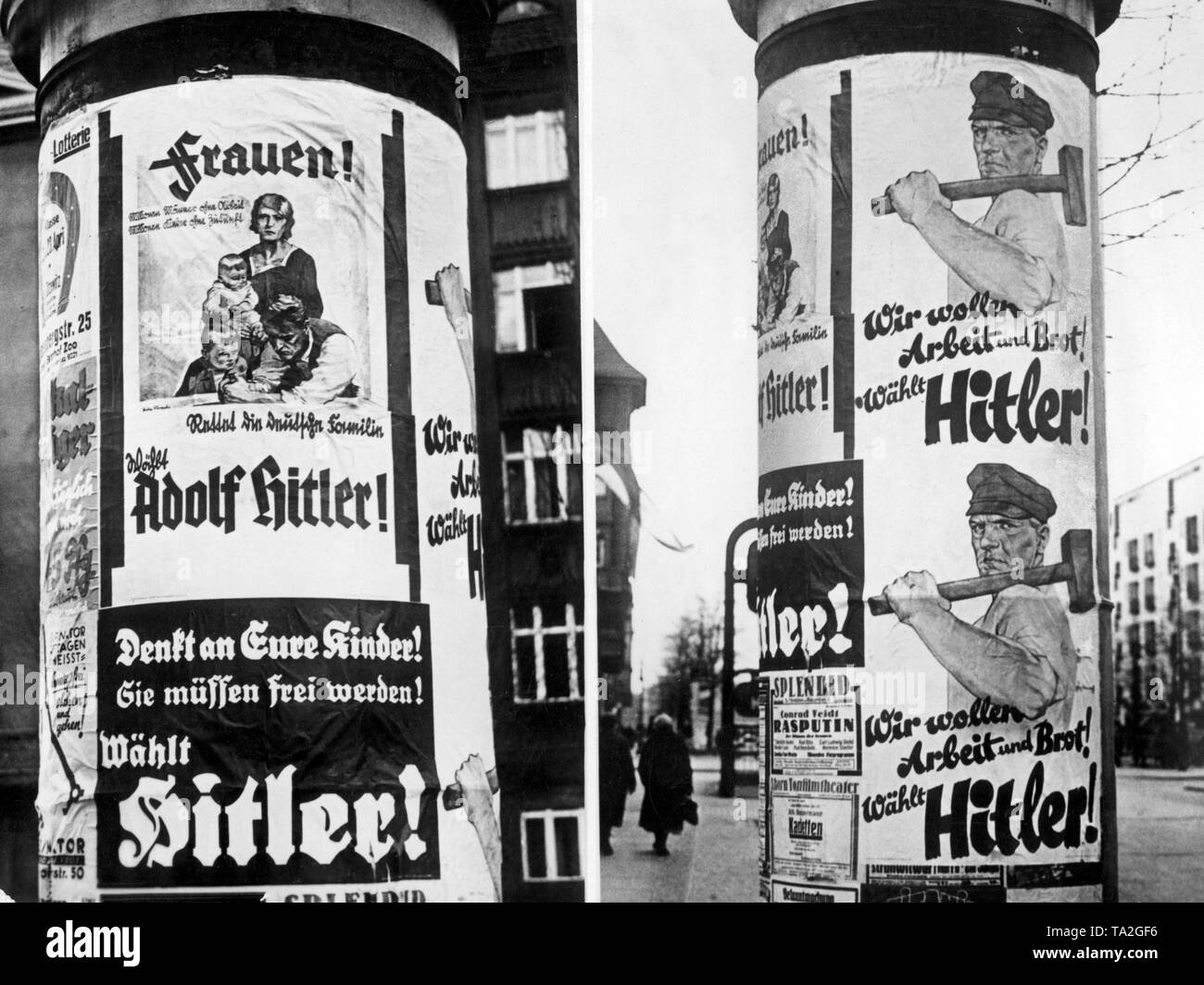 Election posters of the National Socialists for the Reich presidential election in 1932. The one on the left appeals to the mothers: 'Women! Vote for Adolf Hitler! Think of your children! They must be free! Vote for Hitler! ', and the one on the right demands' We want work and bread! Vote for Hitler! ' Stock Photo