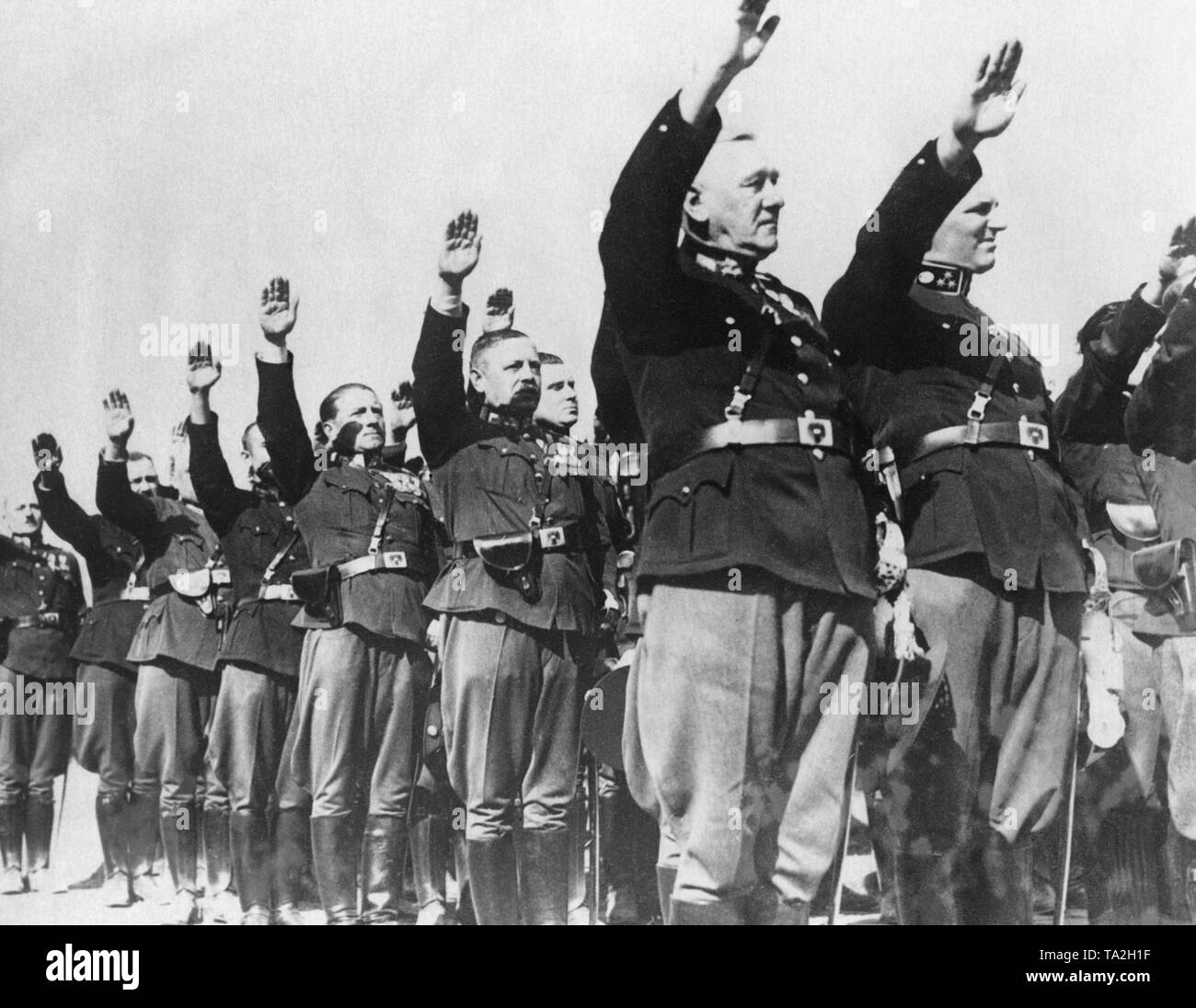 The Austrian Landespolizei is sworn in by the Reichsfuehrer SS Heinrich Himmler. After the annexation of Austria to the German Reich, the Austrian police is sworn in to Adolf Hitler. Stock Photo