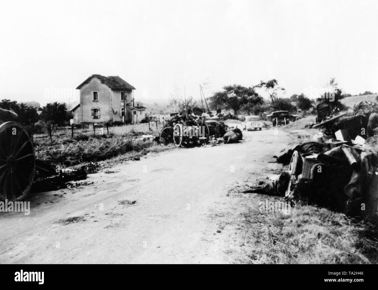 Remains of a destroyed French column at the railroad crossing of Villereux. Photo: Luebbert. Stock Photo