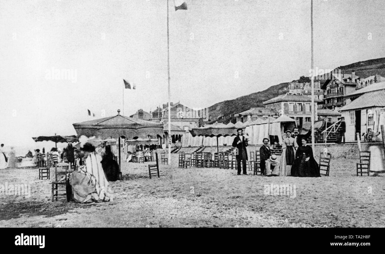 Beach of the French seaside resort of Trouville. In the 19th century, the upper classes spent their holidays on the French coast. Stock Photo