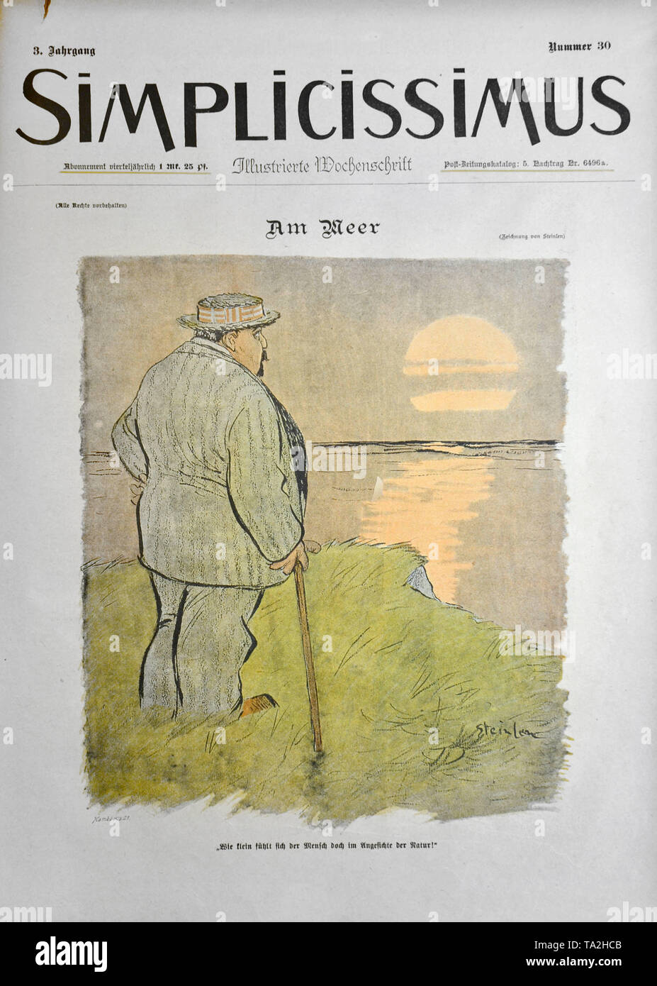 The drawing 'Am Meer' (By the Sea) by Theophile-Alexandre Steinlen. Caricature from the satirical magazine 'Simplicissimus', Volume 3, vol. 30, p. 233. A man stands on the coast and looks at the sunset. Subtitle: 'How small a man feels in the face of nature!' Stock Photo