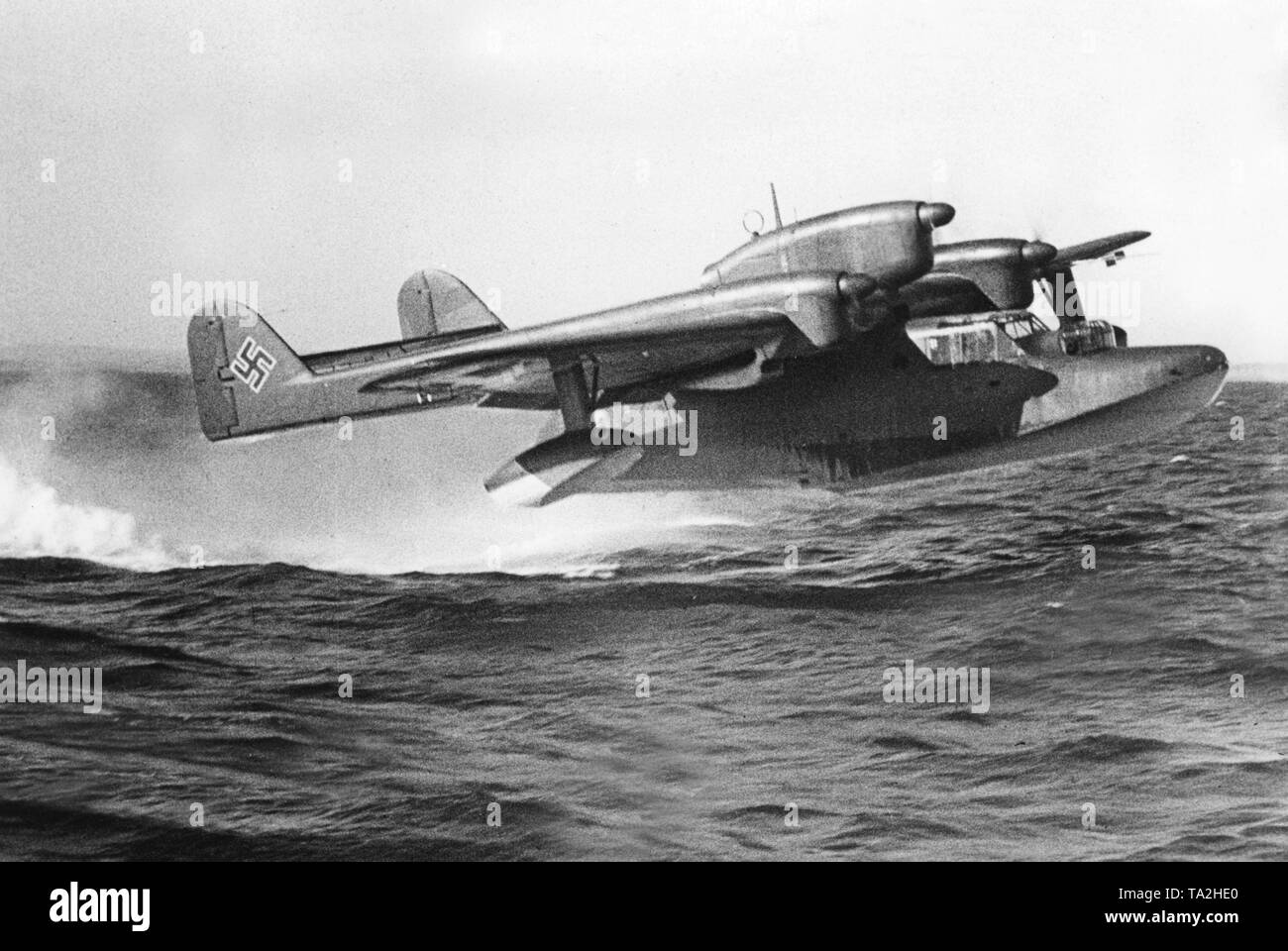 A Blohm & Voss BV 138 flying boat at take off. The location is not mentioned Stock Photo