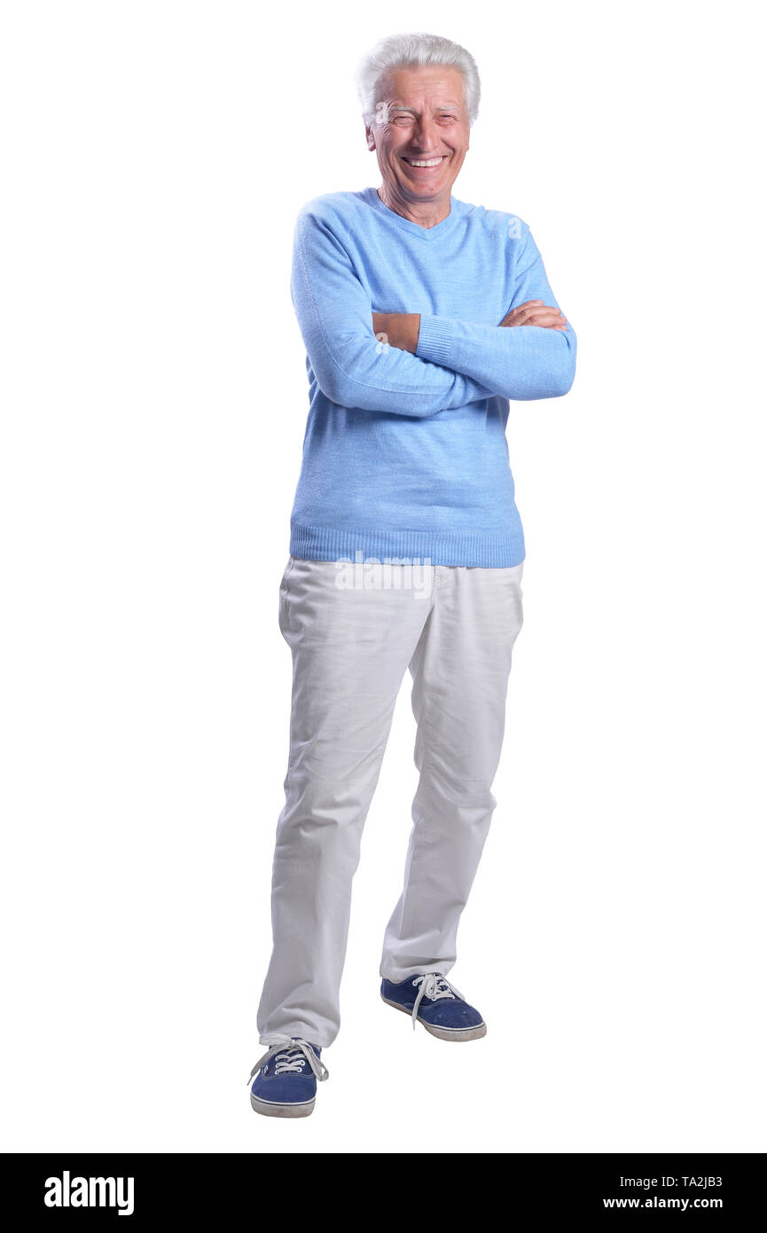 Portrait of full length of senior man posing on white background Stock ...