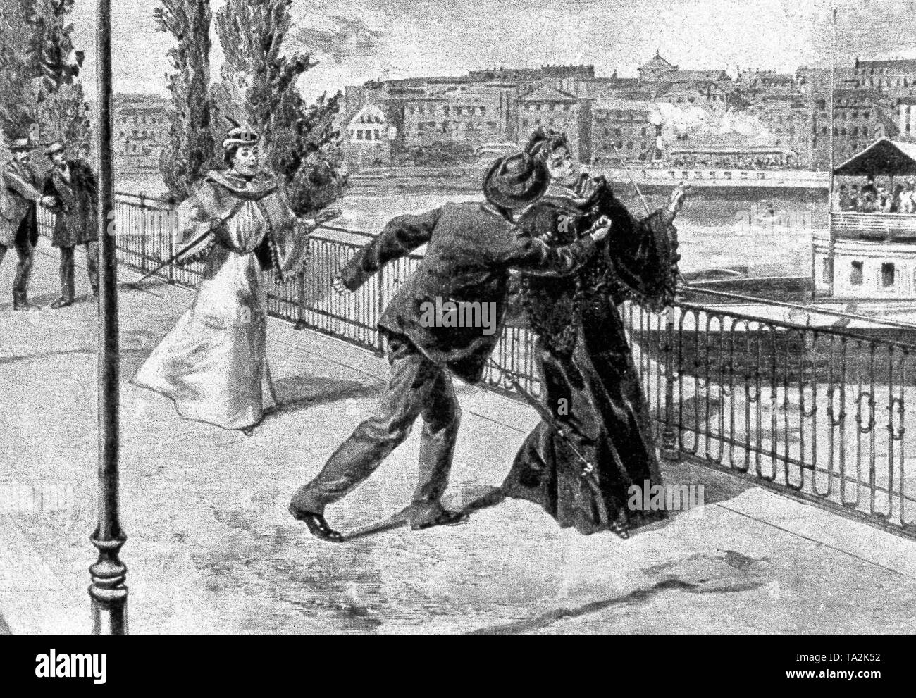 Graphical representation of the assassination of Empress Elisabeth of Austria by the fanatical anarchist Luigi Lucheni on 10.09.1898 on the paddle steamer jetty in Geneva. Stock Photo