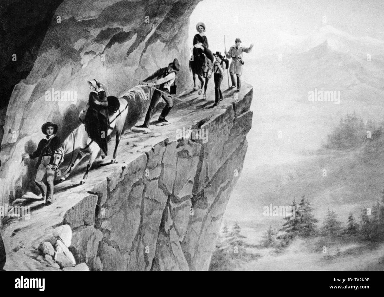 Travelers crossing the Grimsel Pass in Switzerland. Undated photo from around 1825. Stock Photo