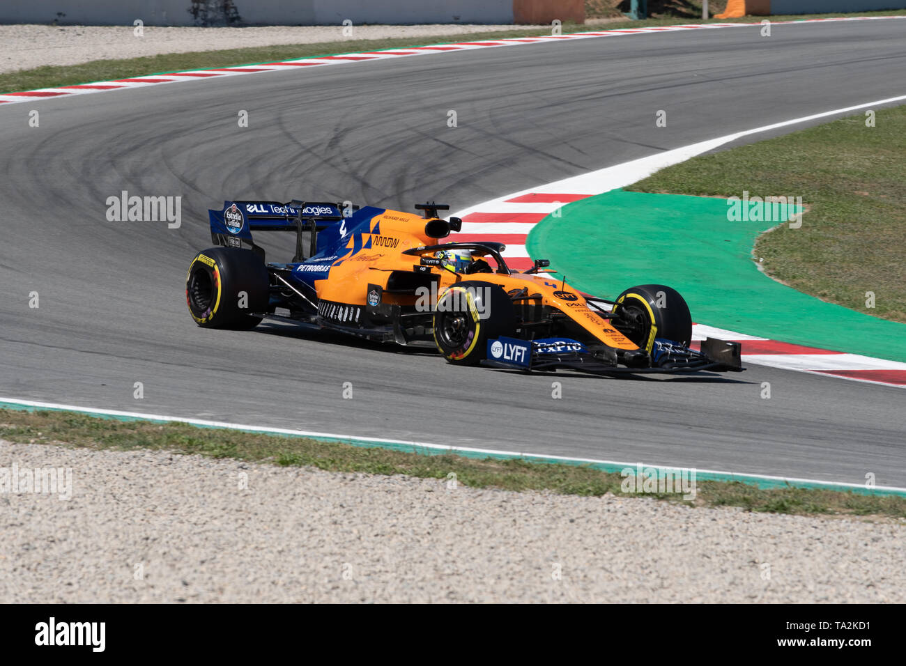 Barcelona, Spain. 14th May, 2019  - Lando Norris from Great Britain with 04 Mclaren F1 Team on track at Formula 1 Test. Stock Photo