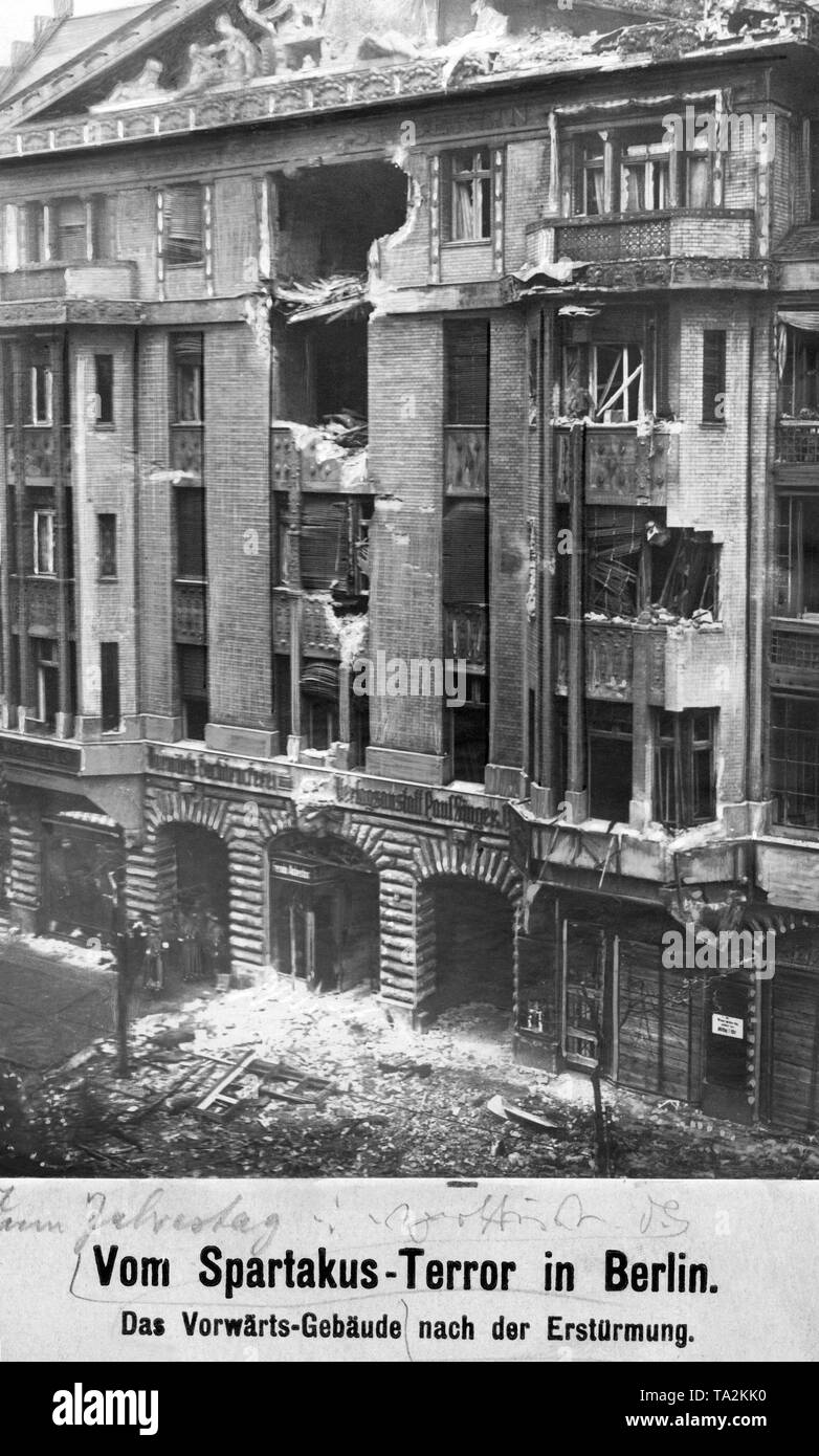 The 'Vorwaerts building' in the Lindenstrasse, that was destroyed by artillery fire and recovered by the revolutionaries after the fighting in January. During the January uprising, there were armed conflicts between left-wing revolutionaries and government-loyal Freikorps units in the Berlin Zeitungsviertel (newspaper quarter). Stock Photo