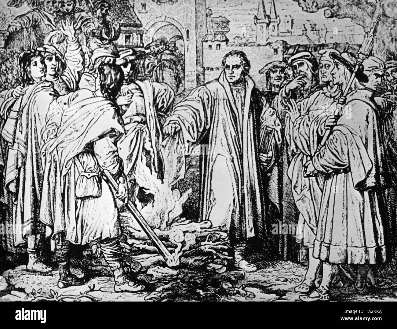 On December 10, 1520, Martin Luther set fire to the papal bull against him in Wittenberg. Stock Photo
