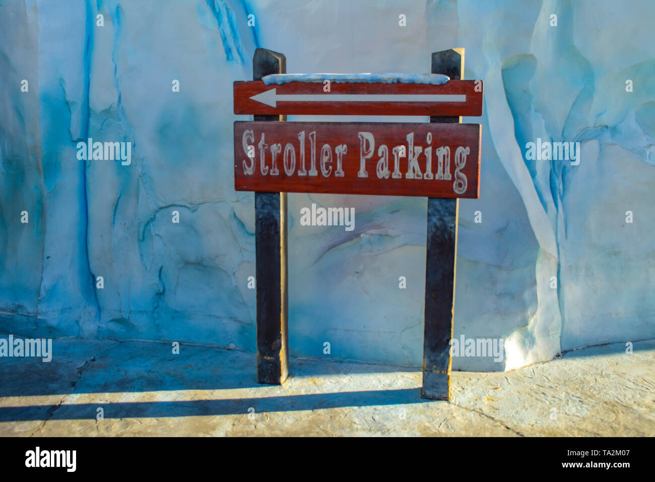 Orlando, Florida . February 26, 2019. Stroller Parking sign at Seaworld Theme Park Stock Photo
