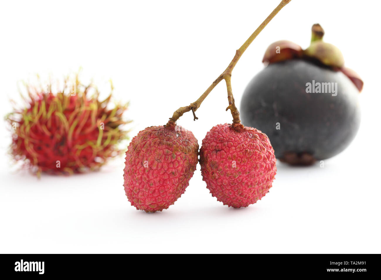 lychee rambutan and mangosteen isolated in white background Stock Photo