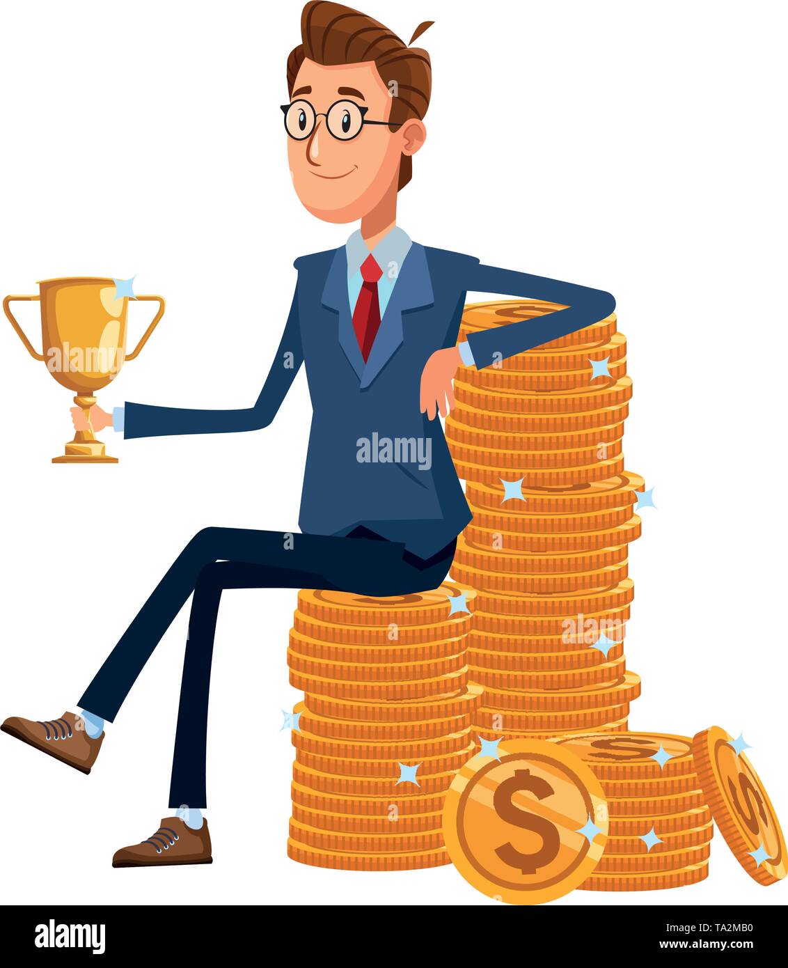 businessman sitting on a stacked coins Stock Vector Image & Art - Alamy