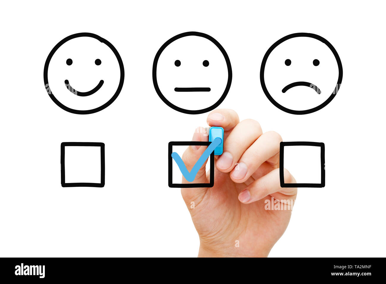 Client leaving average rating with blue marker on customer feedback evaluation form. Drawn faces survey concept. Stock Photo