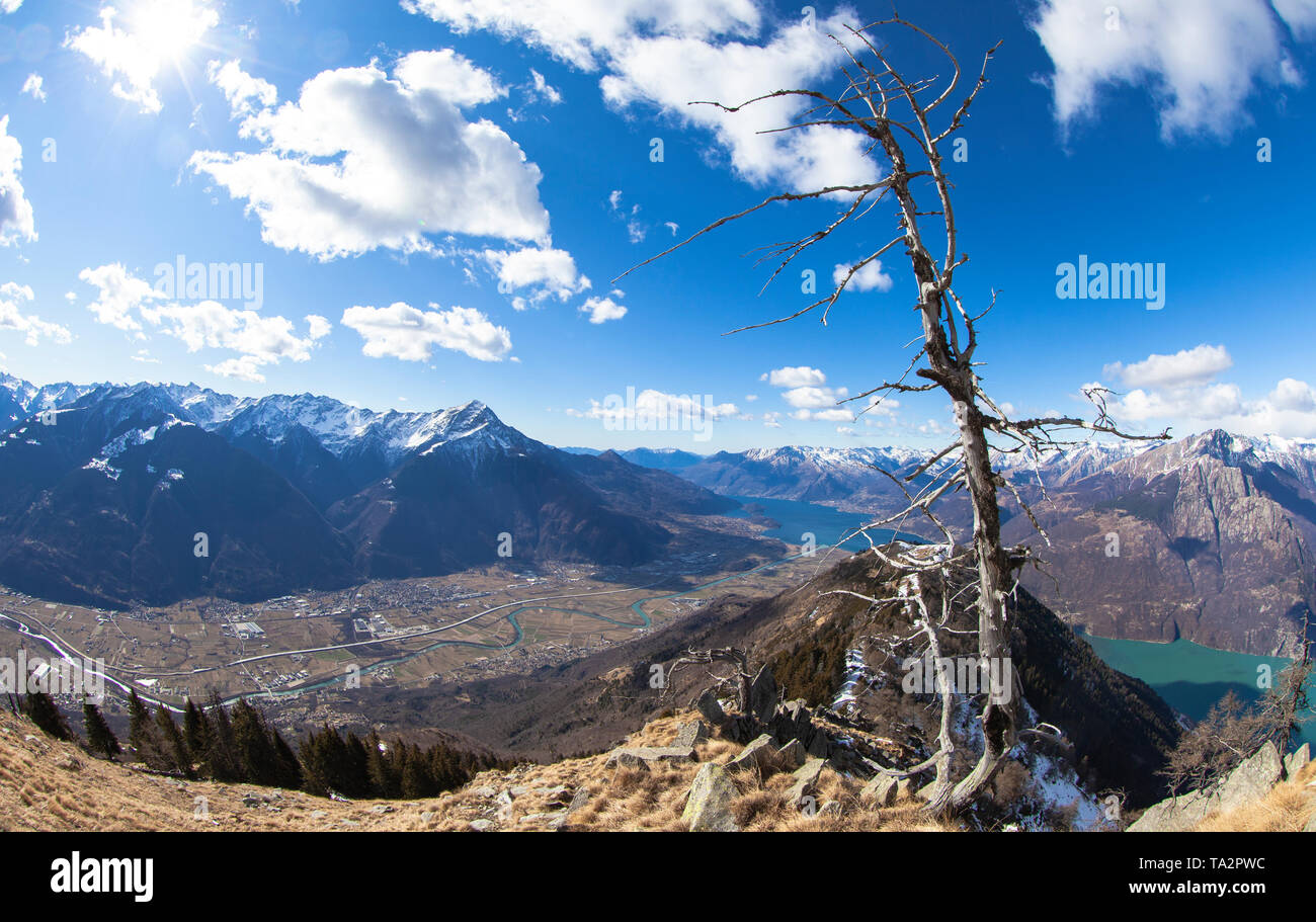Panoramic of Monte Legnone and Lake Como from Monte Brusada, Rhaetian Alps, Sondrio province, Lower Valtellina, Lombardy, Italy Stock Photo