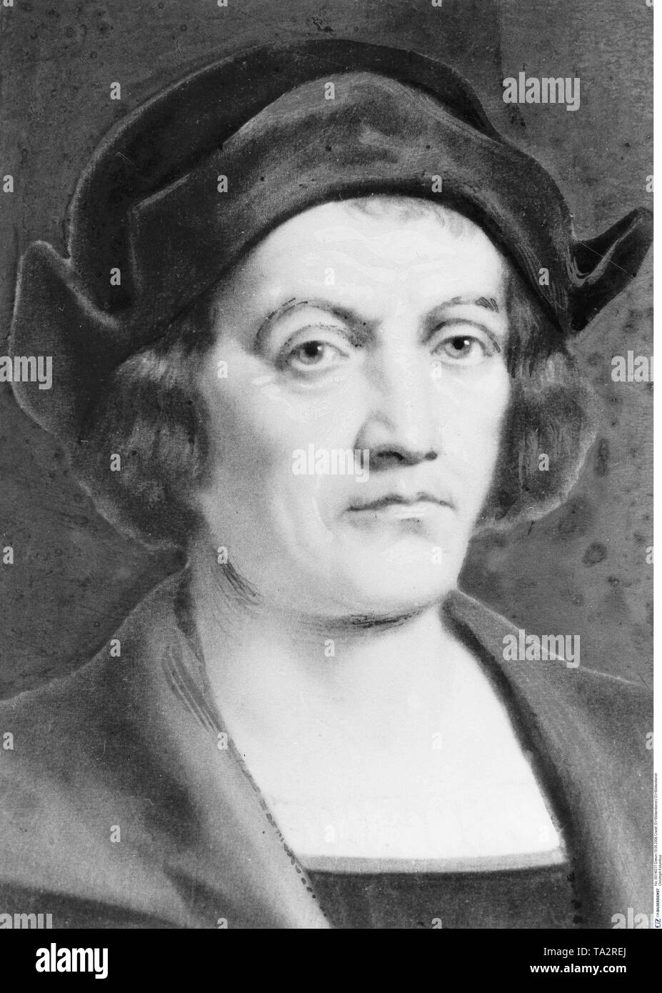 Italian explorer in the service of Spain, Christopher Columbus, portrait after a painting by E. Hader. Stock Photo