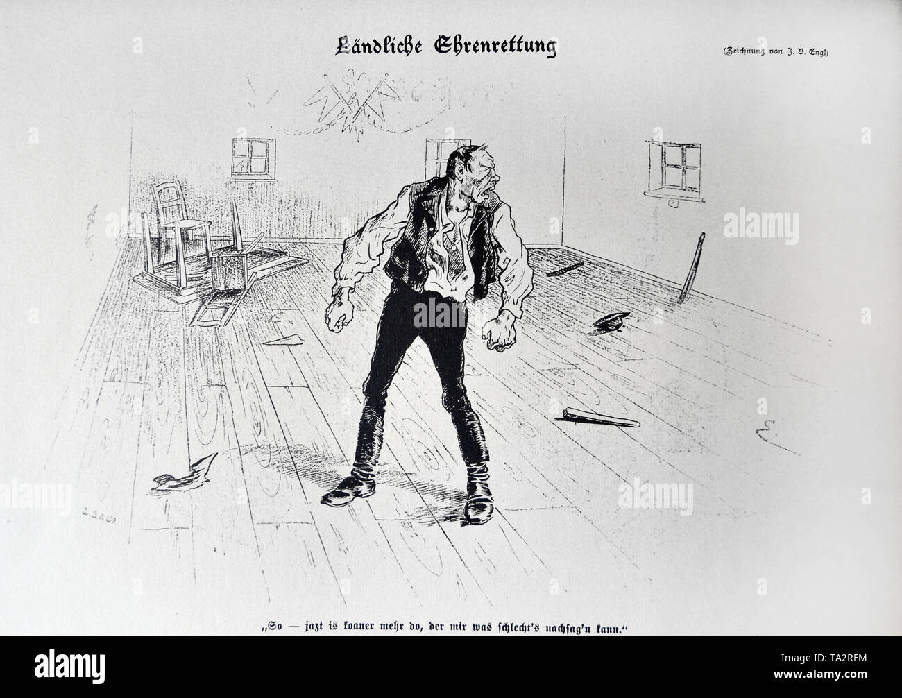 Cartoon from the satirical magazine 'Simplicissimus'. Title of the drawing is 'Laendliche Ehrenrettung' ('Rural vindication') by cartoonist Josef Engl Benedikt. Shown in Simplicissimus vol. 5, issue no. 35, p. 282. Under under the picture: 'So - now I can do more, to the one who tells something ill of me.' Stock Photo
