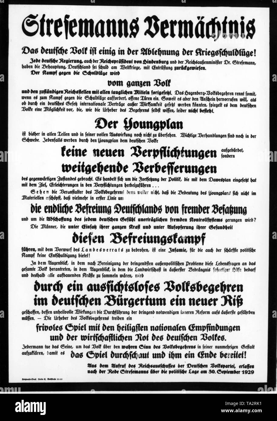 Writing about the Young Plan, the 'war guilt lies' and the planned referendum. It has been written after the call of the Reich Committee of the German People's Party and after the speech of Gustav Stresemann on the political situation. It was reprinted in newspapers, since Hugenberg, who has been the chairman of the German Nationals since 1928, is the owner of a large press and broadcasting corporation. Stock Photo