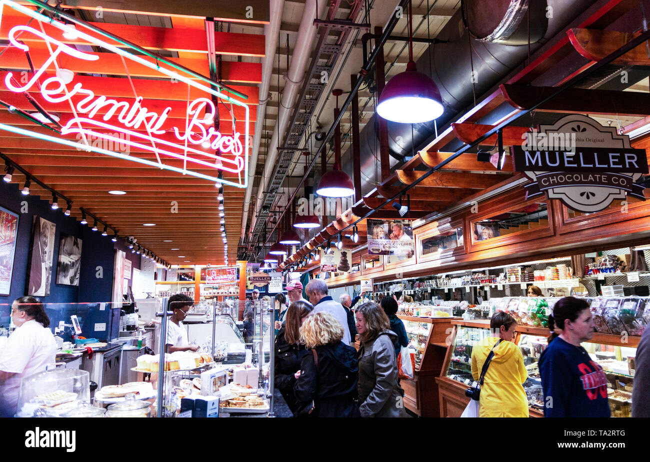 Philadelphia, Pennsylvania, USA - 26 April 2019: Termini Bros and Mueller Chocolate Company doing business in Reading Market. Stock Photo