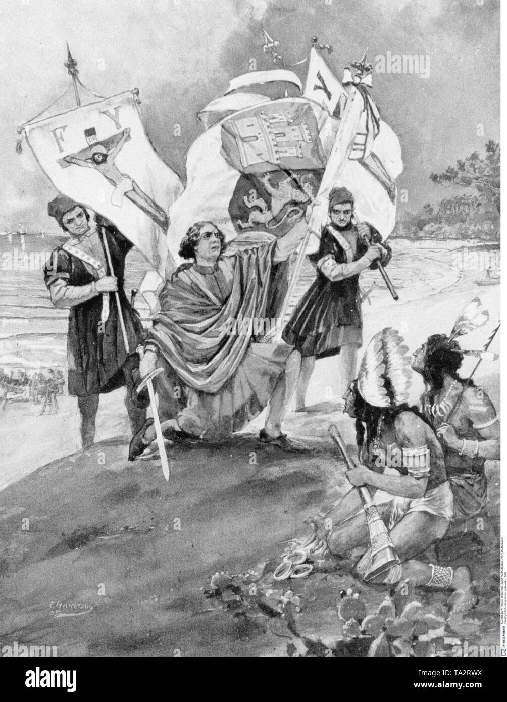 Italian navigator in the service of Spain, Christopher Columbus on his first landing in America. The illustration shows the welcome of Columbus and his Spanish crew by indians after landing on the Bahamian Island of San Salvador on October 12 1492 Stock Photo