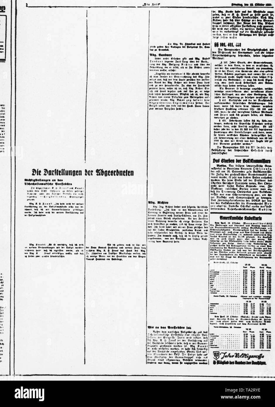Page of the Sudeten German newspaper 'Die Zeit'. The issue reports on the demonstration in Teplitz-Schoenau (today Teplice). The article was censored by the Prager Amtliches Nachrichtenbuero (Official News Agency of Prague). Since the seizure of power of the National Socialists in Germany, the conflicts between the Sudeten German minority and the Czechoslovaks had intensified. Stock Photo