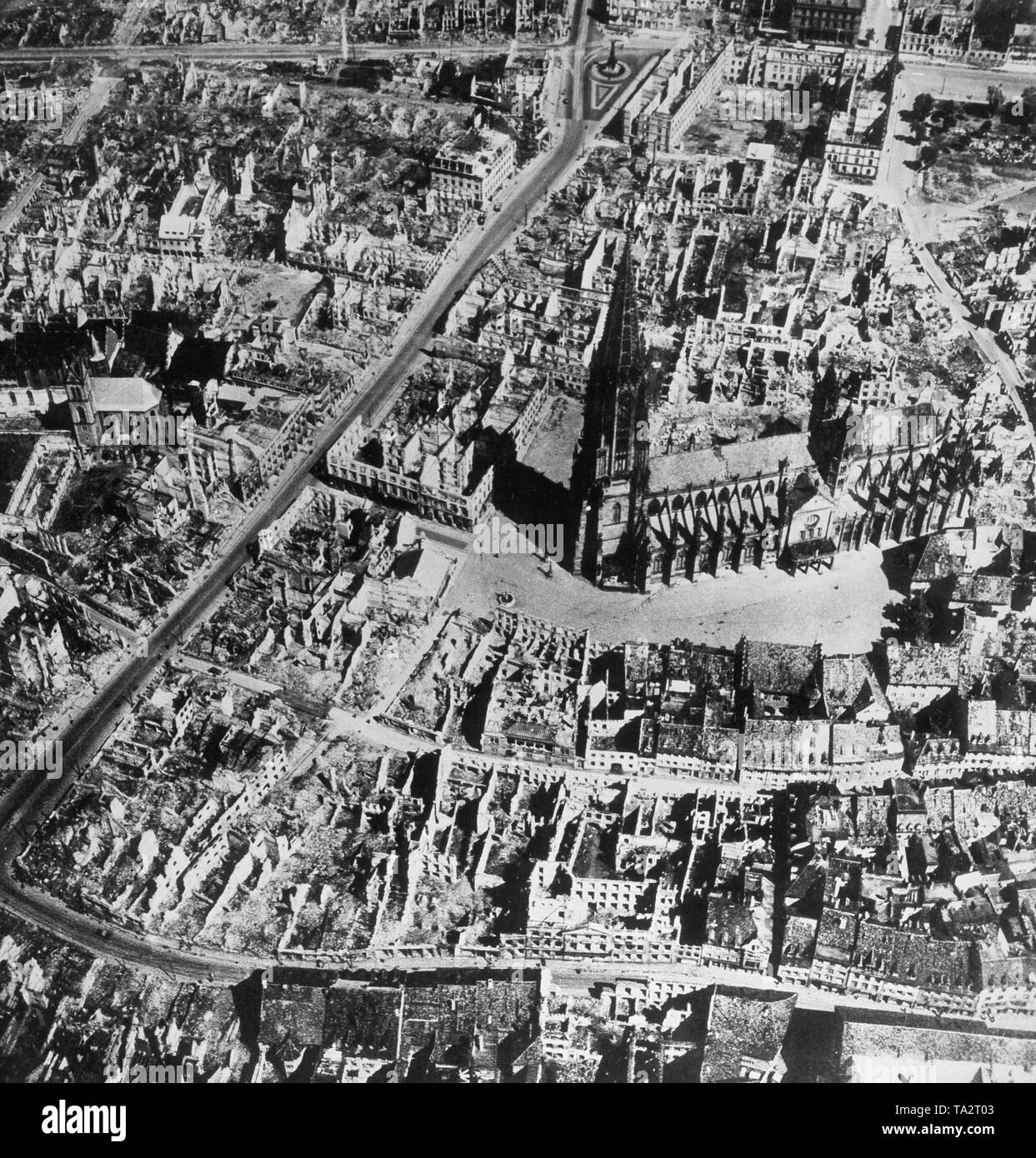 Aerial view of the bombed city of Freiburg at the end of the war, 1945 Stock Photo