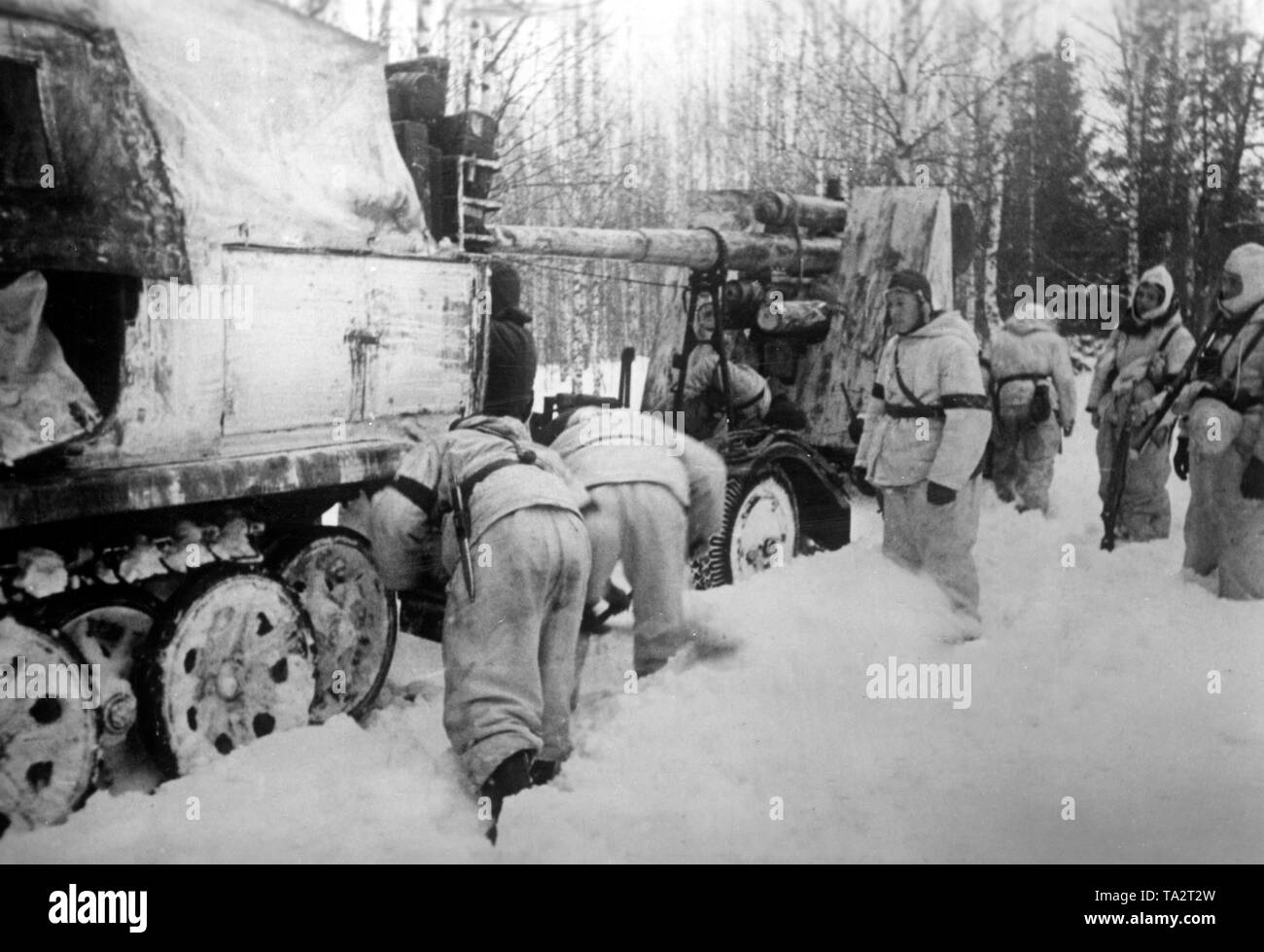 German soldiers repair the chains of a Zugkraftwagen (heavy half-track vehicle, presumably Sd.Kfz. 8 / heavy Zugkraftwagen) on the Eastern Front. He pulls a gun (8.8 cm Flak) through the snow in the Bryansk area. Photo of the Propaganda Company (PK): war correspondent Henisch. Stock Photo