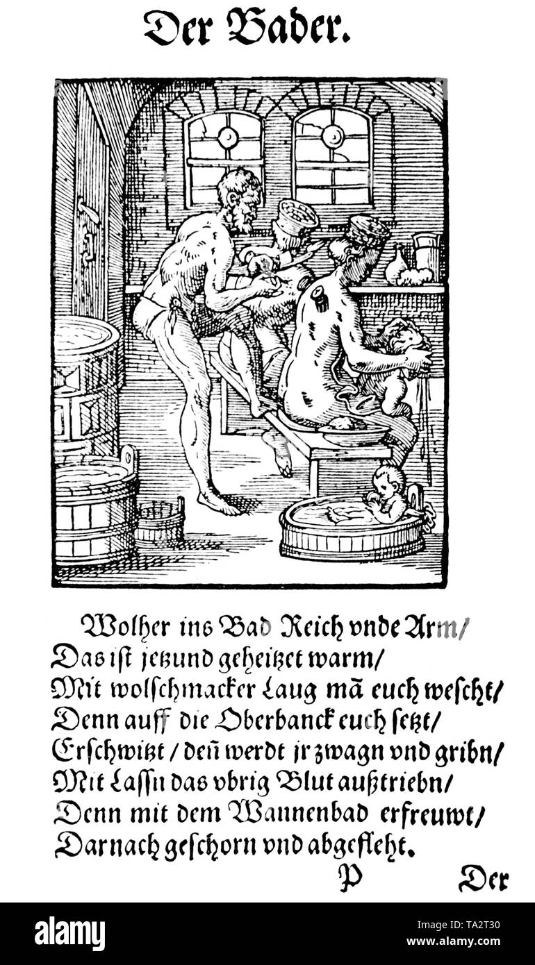Barber surgeon treating patients. The woodcut by Jost Amman is from the book 'Eyegentliche Beschreibung aller Staende auff Erden' and was printed in Frankfurt am Main. The text is by Hans Sachs. Stock Photo