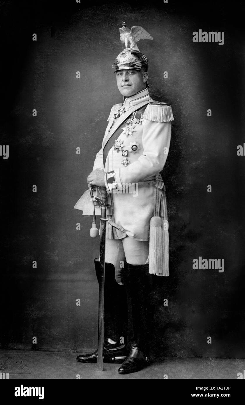 The portrait was taken on the occasion of his 50th birthday .Here the prince is to be seen in the uniform of the cuirassier regiment Gardes du Corps, wearing an accompanying eagle helmet.Maximilian Egon II, Prince of Fuerstenberg was a Royal Prussian Colonel, a Colonel a la suit of the Army, and belonged to the Prussian, Baden, Wurttemberg, and Austrian House of Lords as a hereditary member. He was one of the Emperor's closest friends. Stock Photo