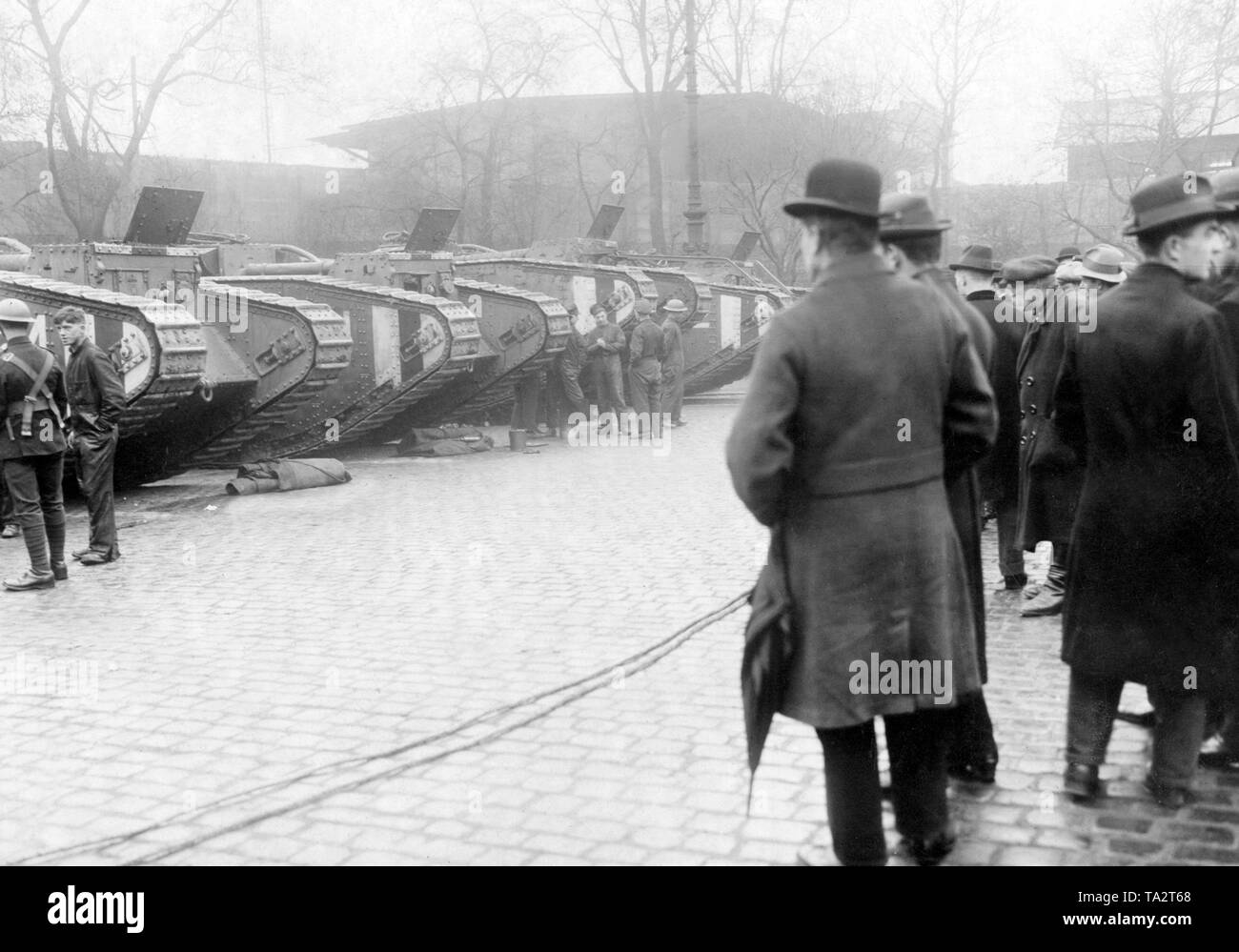 To occupy the Ruhr region the English used, among other things, tanks, which were stationed at the Duesseldorf station. Stock Photo